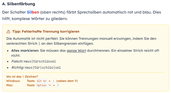 Silben-Lesehilfe – Update manuelle Silbentrennung